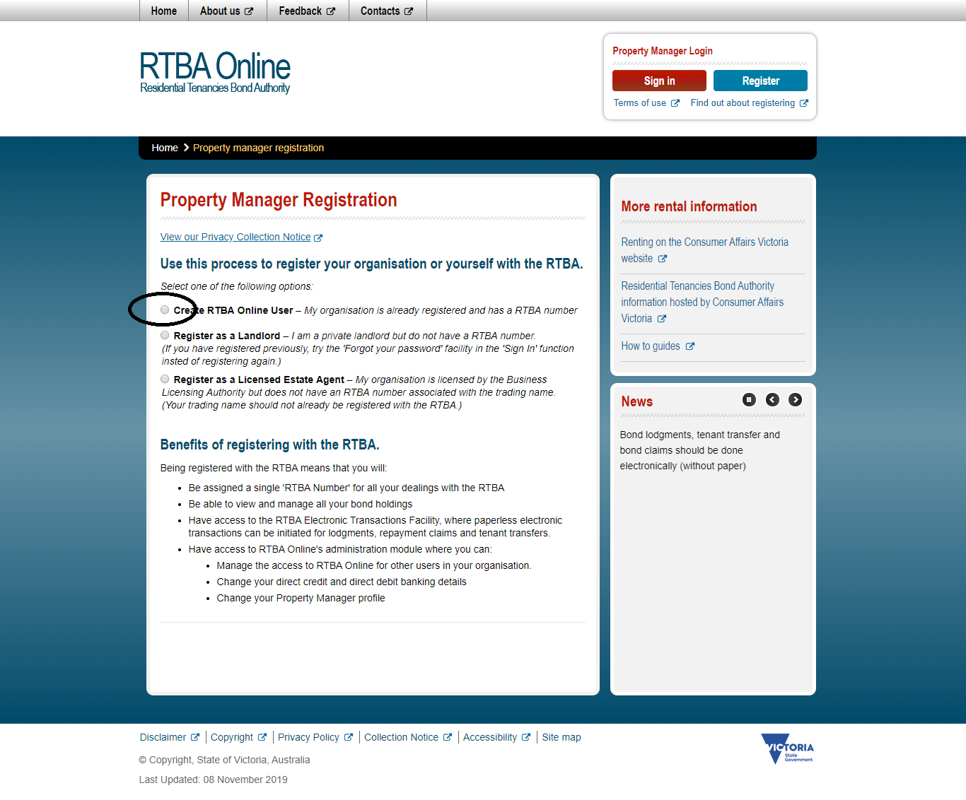 Location of the radio button Create RTBA Online User on the Property Manager Registration Options page
